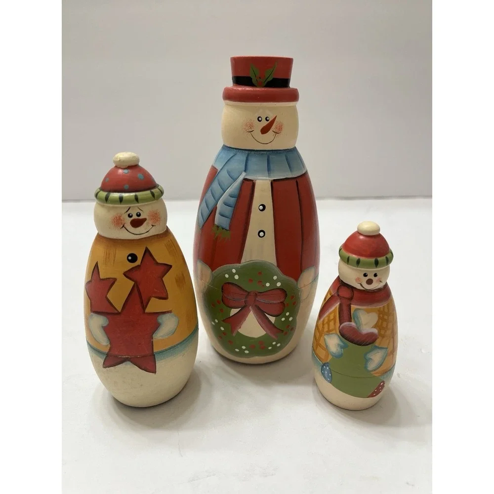 Vtg Nesting Dolls Vintage Wooden Snowman Family Set Of 5 Graduated Sizes